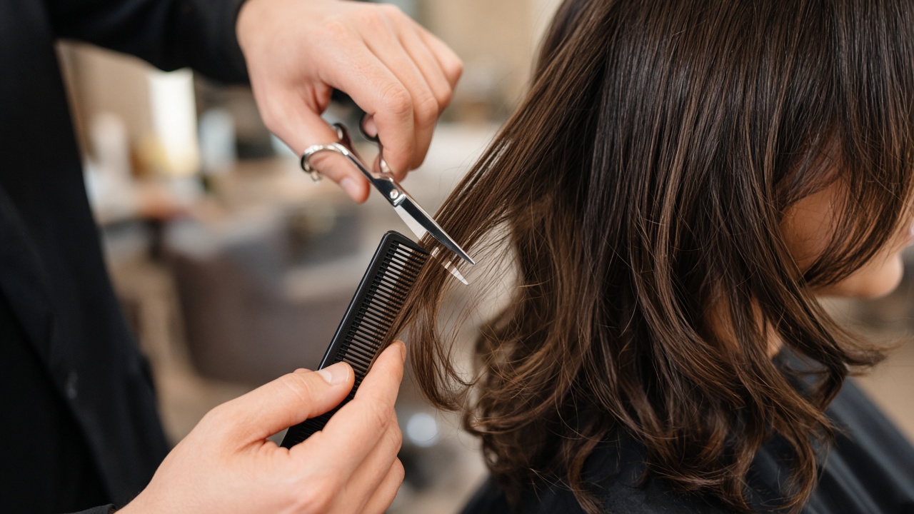 Peluquería profesional: corte en capas con tijera y peine en cabello castaño
