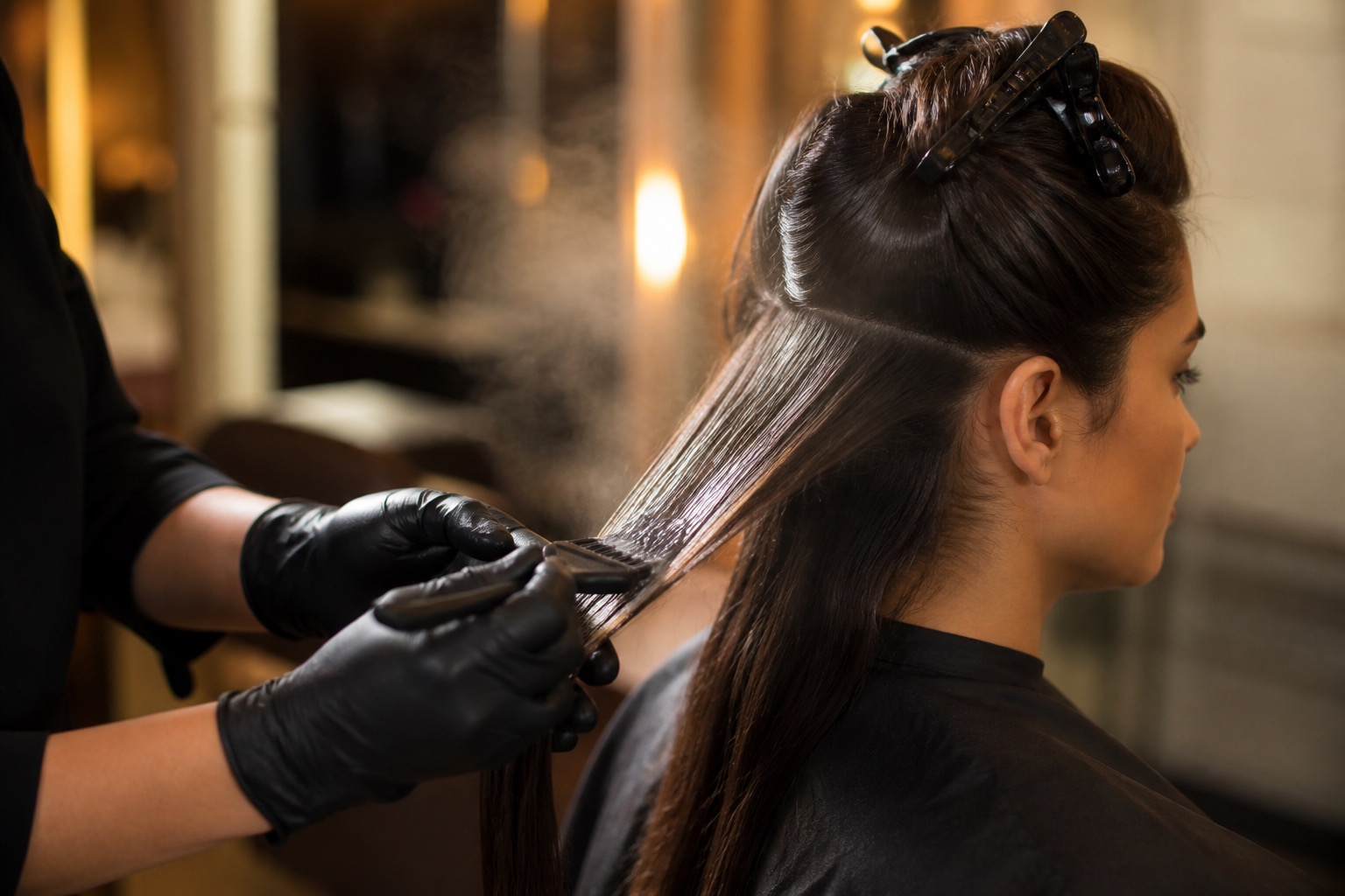 Estilista aplicando tratamiento alisador anti-frizz en peluquería durante el otoño