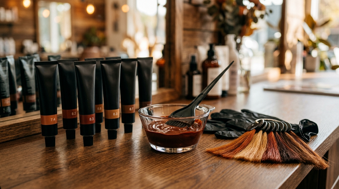 Productos profesionales de coloración capilar en mostrador de peluquería: tubos de tinte, bowl de mezcla y brochas