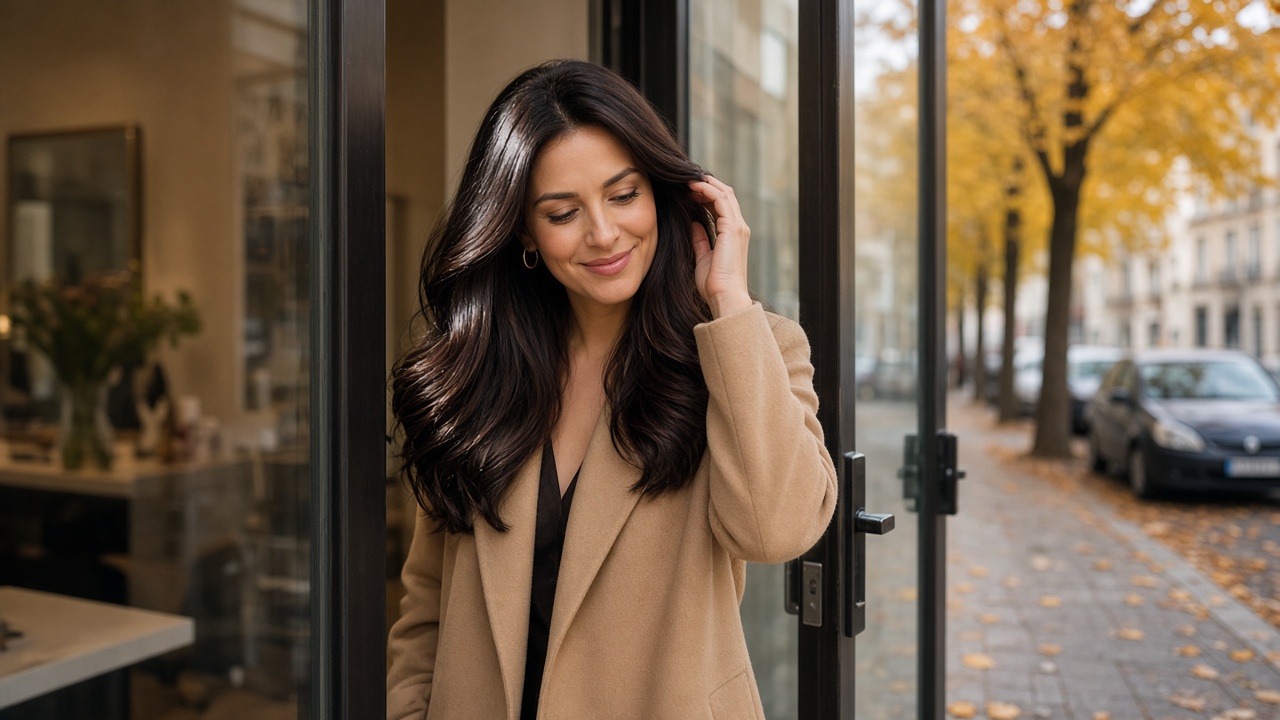 Cliente con cabello brillante tras tratamiento gloss en peluquería, otoño 2026